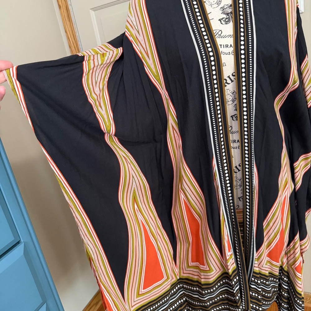 Kimono Medium Boho Geometric Abstract Print Open Front Draped Summer Cover Up - Picture 2 of 11